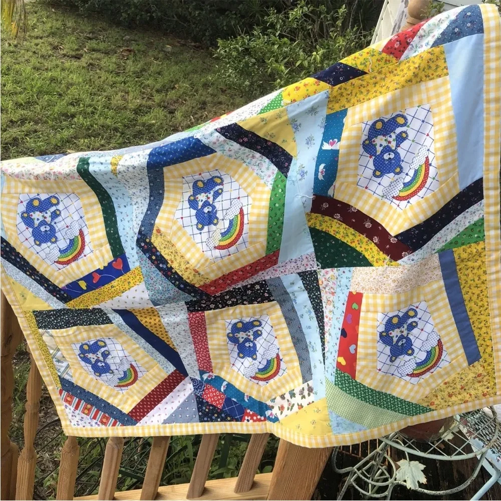 Baby Quilt Throw Teddy Bear Rainbow Floral Patchwork Gingham Plaid Vintage